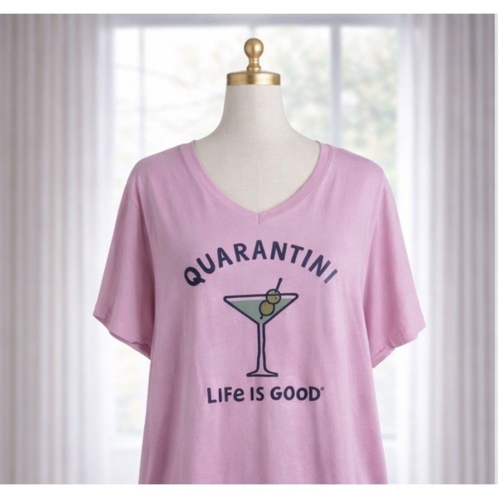 Life Is Good T-shirt‎ Pink V Neck 100% Cotton Tee Top Quarantini Size XXL 2x